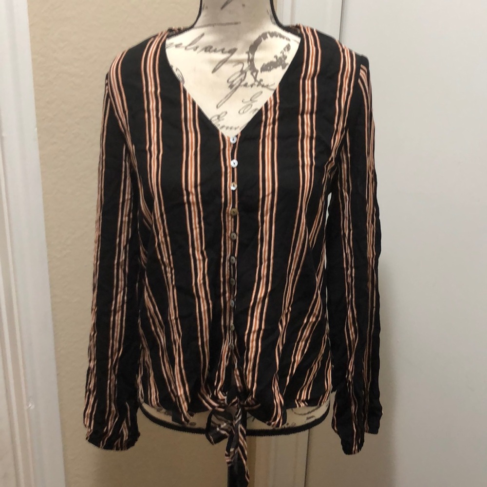 Black with Tan Vertical Stripes Button Down Blouse